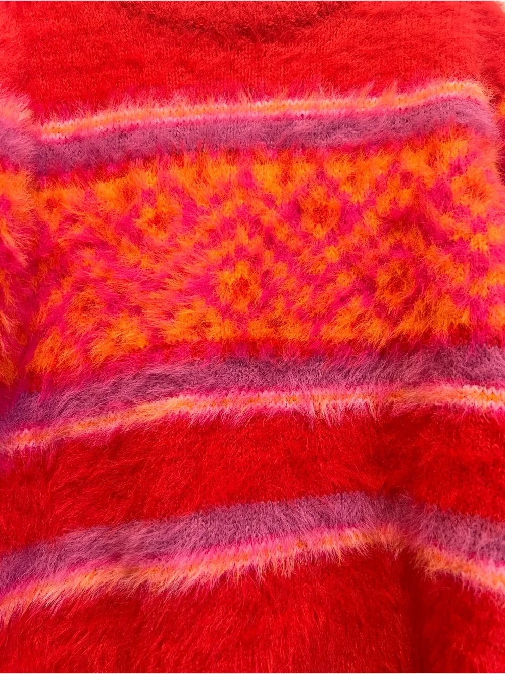 Holiday Lane Girls 4T Fuzzy Fair Isle Sweater Pink Red Eyelash Knit Cozy
